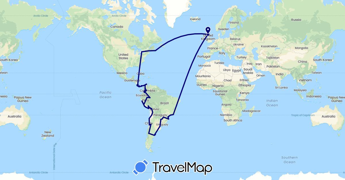 TravelMap itinerary: driving in Argentina, Bolivia, Brazil, Canada, Chile, Colombia, Costa Rica, United Kingdom, Panama, Peru (Europe, North America, South America)